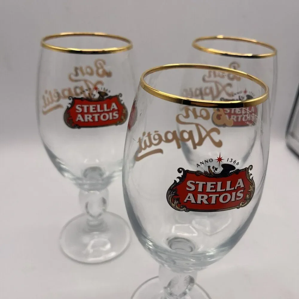 Stella Artois Gold Rim Belgium Chalice .33cl Beer Glasses - Set of 3